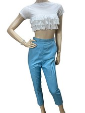 NOS Vtg 60s XS Cigarette Pants High Waist 23.5 Baby Blue Tapered Ankle Slacks