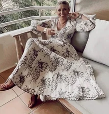 BNWT Zimmermann Dress Size 1 US 6 Wayfarer Plunge Long Linen Pineapple RRP $650