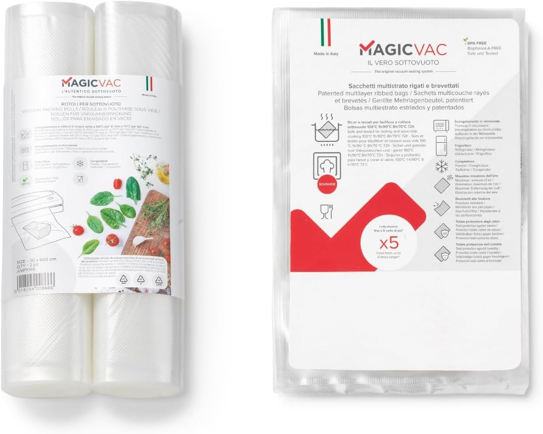 , 2 Rotoli Sottovuoto per Alimenti 30X600 Cm E 100 Sacchetti Sottovuoto 20X30Cm,