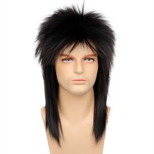 Mens Black Mullet Wig 80s Spiked Rocker Wig Halloween Costume Punk Metal Male...