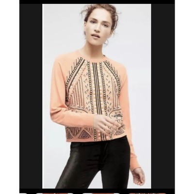 Anthropologie Akemi + Kin Peach Embroidered Beaded Sweatshirt Size XS