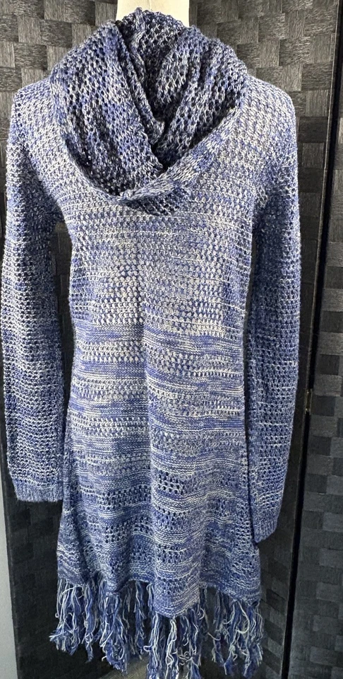 Cárdigan Bongo Para Mujer M Azul Marino Tejido Abierto Crochet Capucha Suéter Borlas Boho Foto 3 de 4