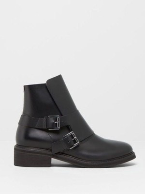 Pull&Bear Moto Booties Black Leather with Double Buckle tough goth engineer