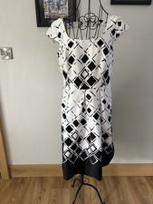 Nine West Women’s Fit & Flare Black and White Dress Geometric Square Pattern 10