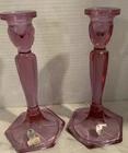 Vintage Fenton Iridescent Pink Glass Tall Candlesticks Pair Candle Holders 8”