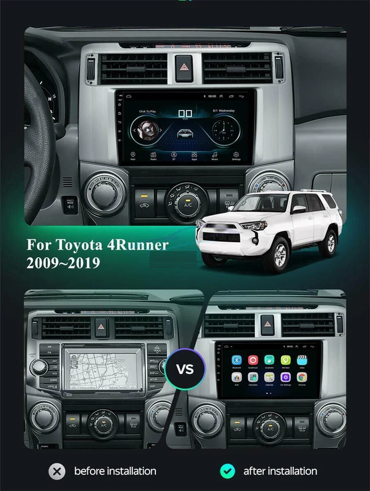 For 2009-2019 Toyota 4Runner Apple Carplay Radio Android 13 GPS NAV WIFI +Camera — 第 2/4 张图片