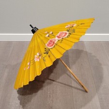 1950s Handpainted Flowers on Rice Paper and Bamboo Umbrella Parasol