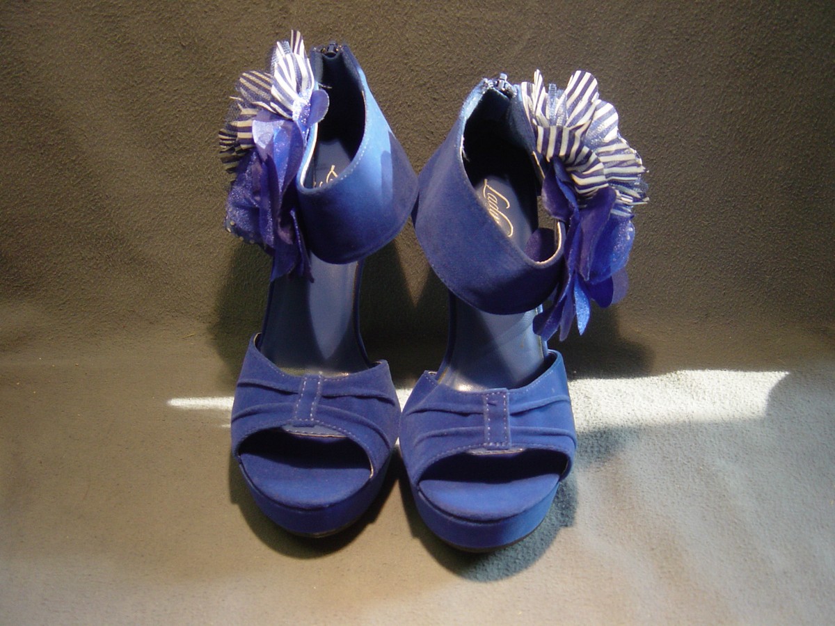 BLUE Velvet Chiffon Flower Peep toe Pump High Heel Platform