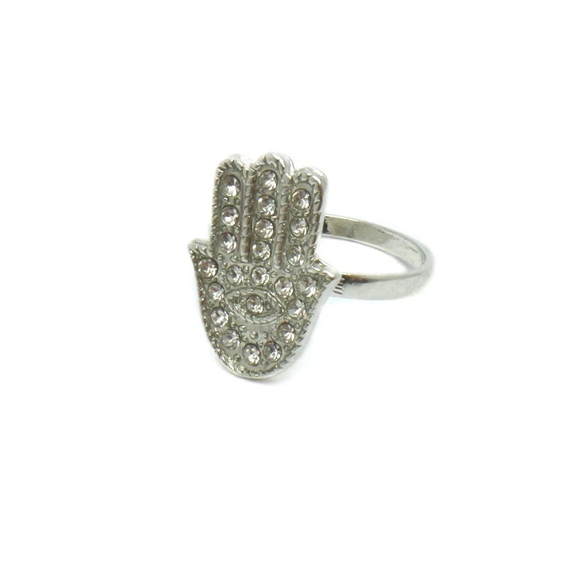 Anello Donna Mano Fatima Khamsa Brillantini Strass Occhio Etnico tono Argento - Immagine 2 di 4