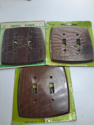 3 Vintage NOS Double Light Switch Plate Cover Walnut Jackson Mfg. Wooden