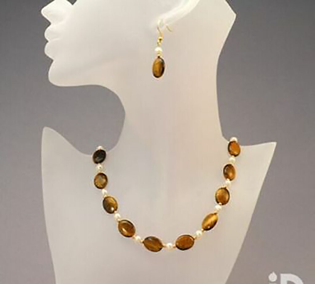 13X18mm Natural Yellow Tiger Eye 6-7mm White Pearl Necklace Earrings Set  18''