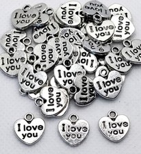 10 pieces - Antique Silver "I Love You" Heart Charms Pendants