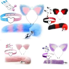 USA 4pc Foxtail Buttplug Wolftail Furry Cat Ear Collar Anal Plug Cosplay Sex Toy