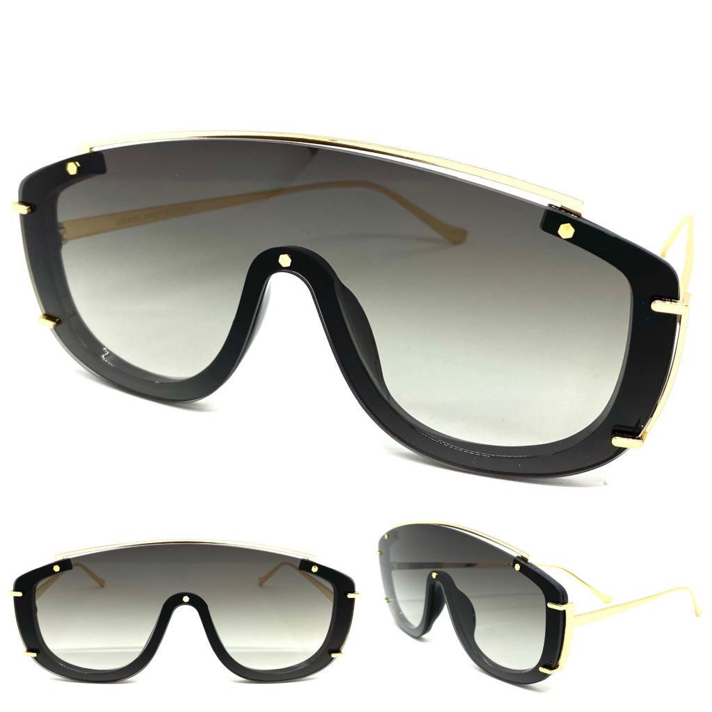 Classic Elegant Modern Retro Shield Style SUN GLASSES Large Black & Gold Frame