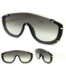 Classic Elegant Modern Retro Shield Style SUN GLASSES Large Black  Gold Frame