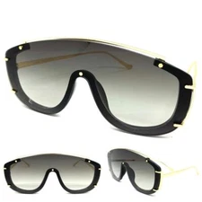Classic Elegant Modern Retro Shield Style SUN GLASSES Large Black & Gold Frame