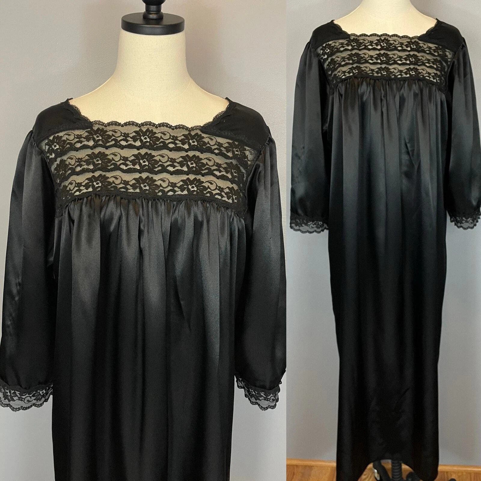 Camicia da notte vintage anni '80 raso nero Christian Dior finiture in pizzo streghe vampiro gotico