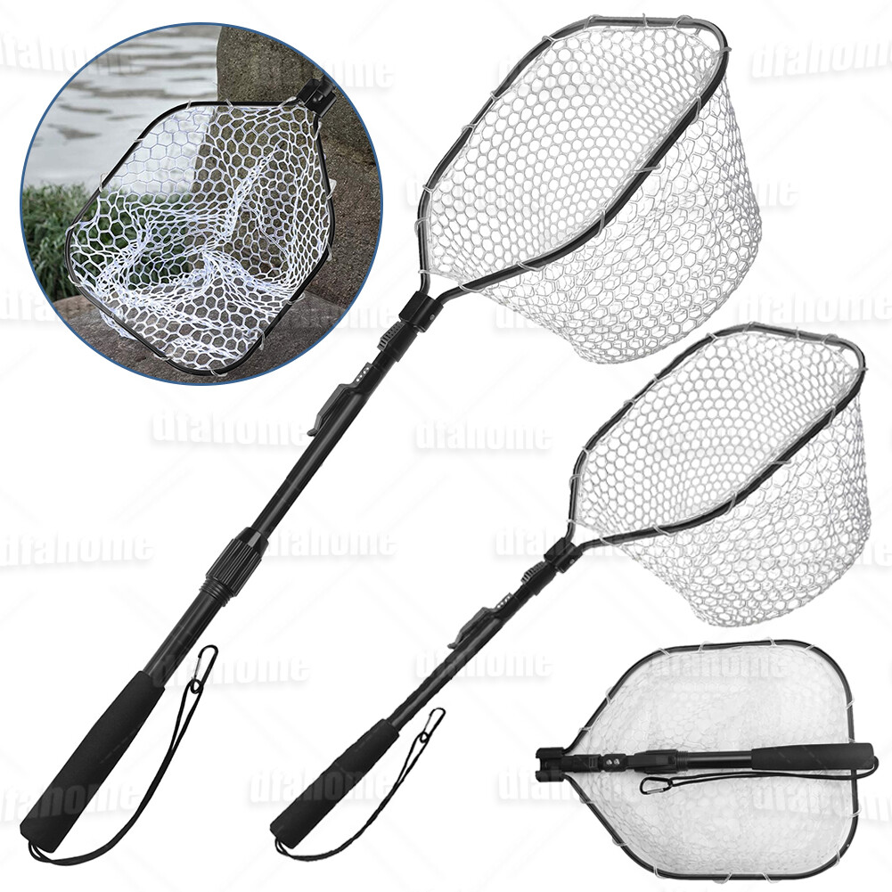 Fishing Landing Net Telescopic Pole Foldable Rubber Fly Fish Trout