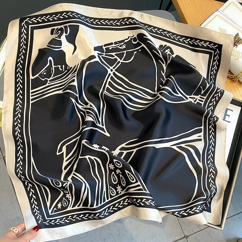 100% Silk Square Scarf Women Neckerchief Wrap Black White Abstract Paiting 68*68