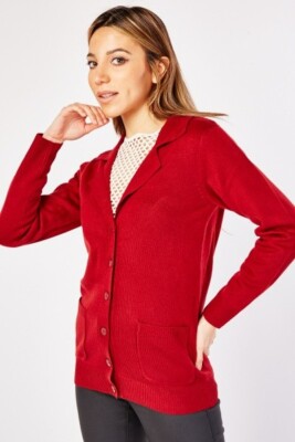 Neu Burgunderrot Smart V-Kragen Knopfleiste Tasche vorne Cardigan ÜBERGRÖSSE 20-22