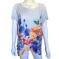 Westbound Floral Print Oversized Light Blue Short Sleeve Top Womens Size XL