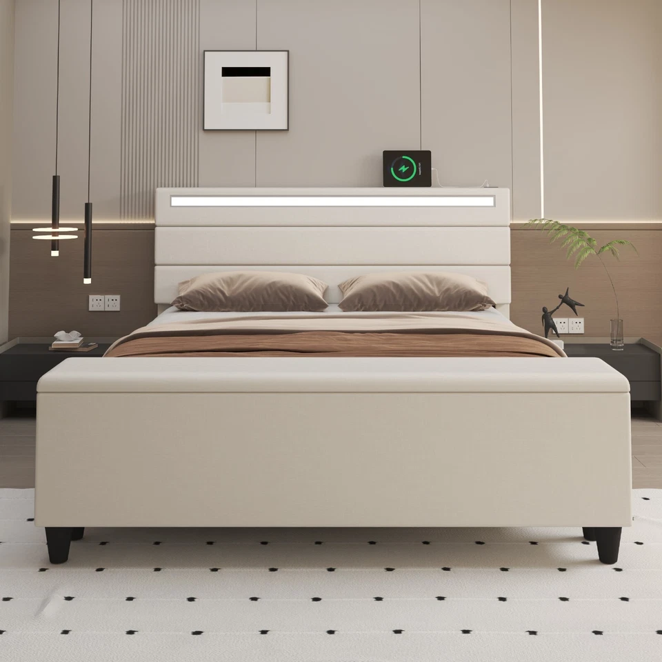 Full/Queen Size Bed Frame with Storage Upholstered Headboard with LED Lights - Image 4 of 4
