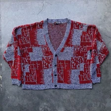 Vintage 80's Scandia Cardigan Sweater Button XL Red/Gray Oversized USA Geometric