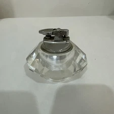 Vintage Crystal Cut Glass Table Lighter Chrome Insert Mid Century Home Decor