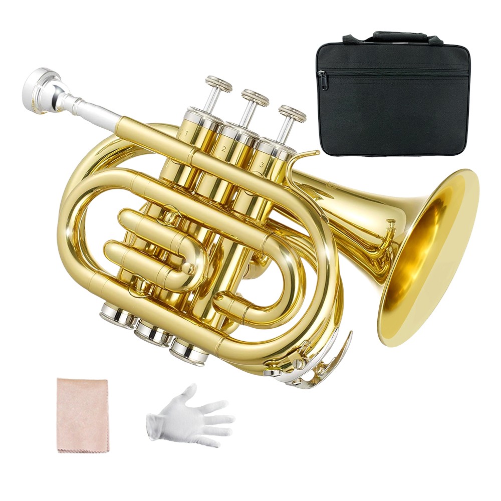 Pocket Trumpet Brass Bb Flat Gold Lacquer Trumpet Mini Portable Beginner Gifts