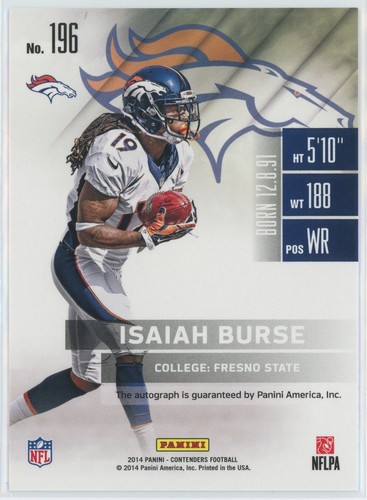 ISAIAH BURSE 2014 Panini Contenders Football - Rookie Ticket - AUTO #196 - Picture 2 of 2