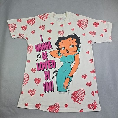 Vintage 90's Betty Boop T-Shirt Cartoon Character Men's Large AOP Hearts 1994