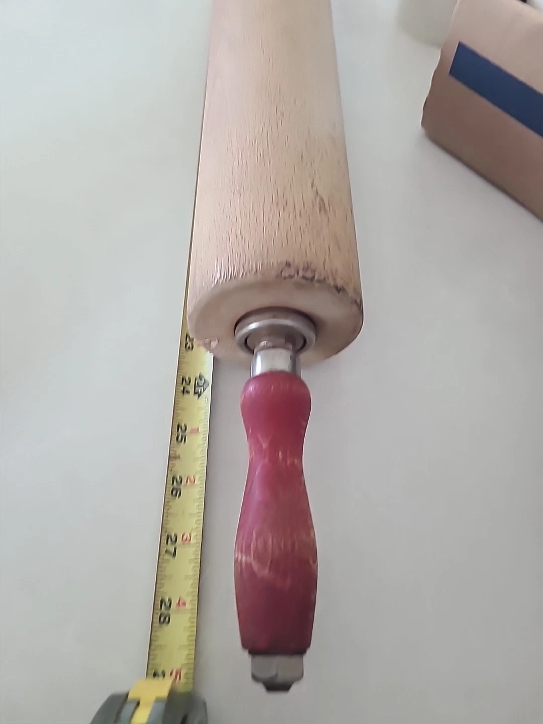 Oak Rolling Pin 29" Total Length 17 3/4 In 3in Wide Roller Red Handle Vintage