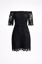 Womens SMALL/medium- Black Lace Crochet Overlay  Floral Dress Off Shoulder Black