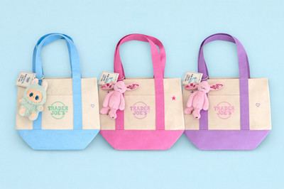 Three Trader Joe's mini pastel totes with Jelly Cats and Labubu! Brand New