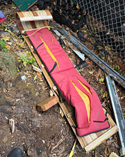 LL Bean Wood Sled with Red Seat Pad Cushion and Pull Rope, Brown/Red/Yellow