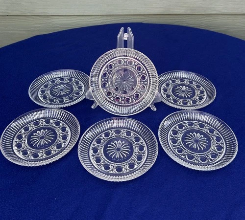 Federal Glass Button & Cane Windsor bread salad dessert set of six vtg plates