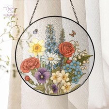 Mother's Day Gift, Custom Family Birth Flowers Stained Glass Suncatcher Decor