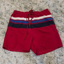 Castaways Mens Red Striped Swim Trunks Mesh Lined Board Shorts Size L 36-38