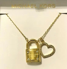 MICHAEL KORS GOLD-TONE PADLOCK AND CRYSTAL HEART PENDANT NECKLACE MSRP $115.00 