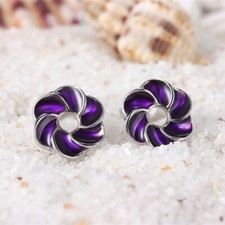Shiny 925 Sterling Silver Cute Purple Enamel Flower Stud Earrings Women Gift UK