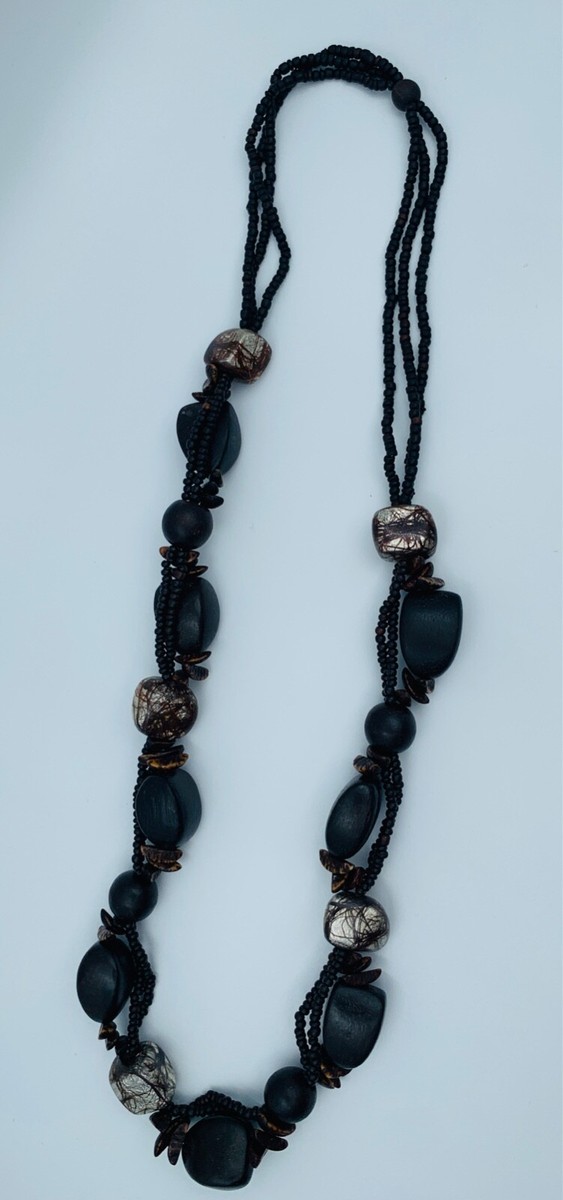 Collier Fantaisie Ethnique Perles Noires Et Marron - Métal Et Résine - 35 Grammes - Modèle W757 - Occasion