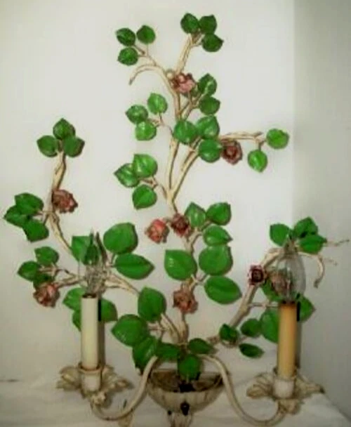 Italian Tole Roses Sconce Wall Lamp Corded Large Cottagecore Hollywood Regency - Image 2 of 4