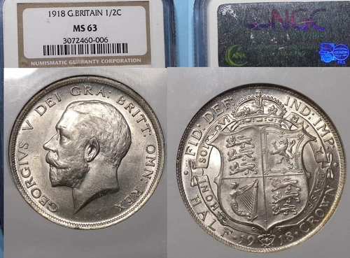 1918 GREAT BRITAIN ½ CROWN NGC MS 63 FLASHY #AC2-20
