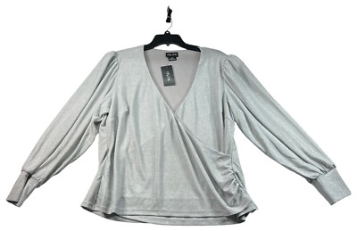 City Chic Blouse Womens Size Small Gray Metallic Long Sleeve Crossover Vneck New