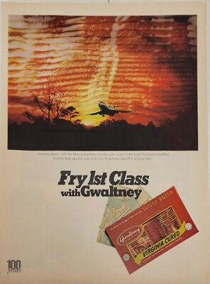 1970 Gwaltney Bacon Vintage Print Ad Sunset Fry 1st Class VA Cured Meal Ticket