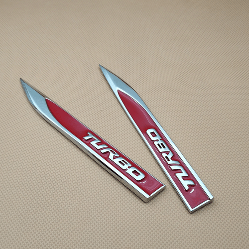 Pair Metal Silver & Red TURBO Auto Badge Side Wing Fender Car Emblem 3D Sticker - Bild 2 von 5