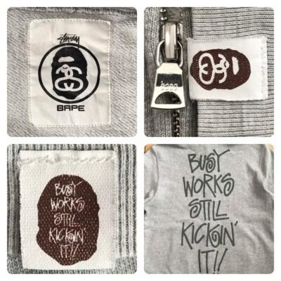 BAPE × stussy shark full zip hoodie Gray A Bathing Ape Size L | eBay