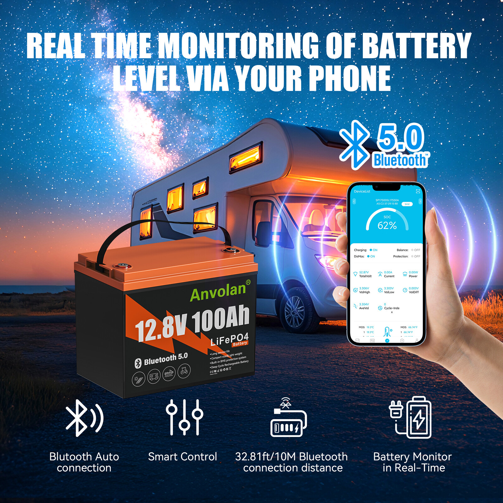 Bluetooth Deep Cycle Lithium LiFePO4 Battery 12Volt 100Ah BMS RV Off Grid Marine