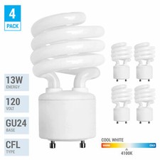 4 Pack Spiral CFL Fluorescent 13 Watt 60W Twist and Lock GU24 4100K Cool White