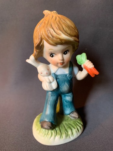 Vintage Homco Figurine of a Boy Holding a Bunny Rabbit and Carrot 5" Tall-AAEF